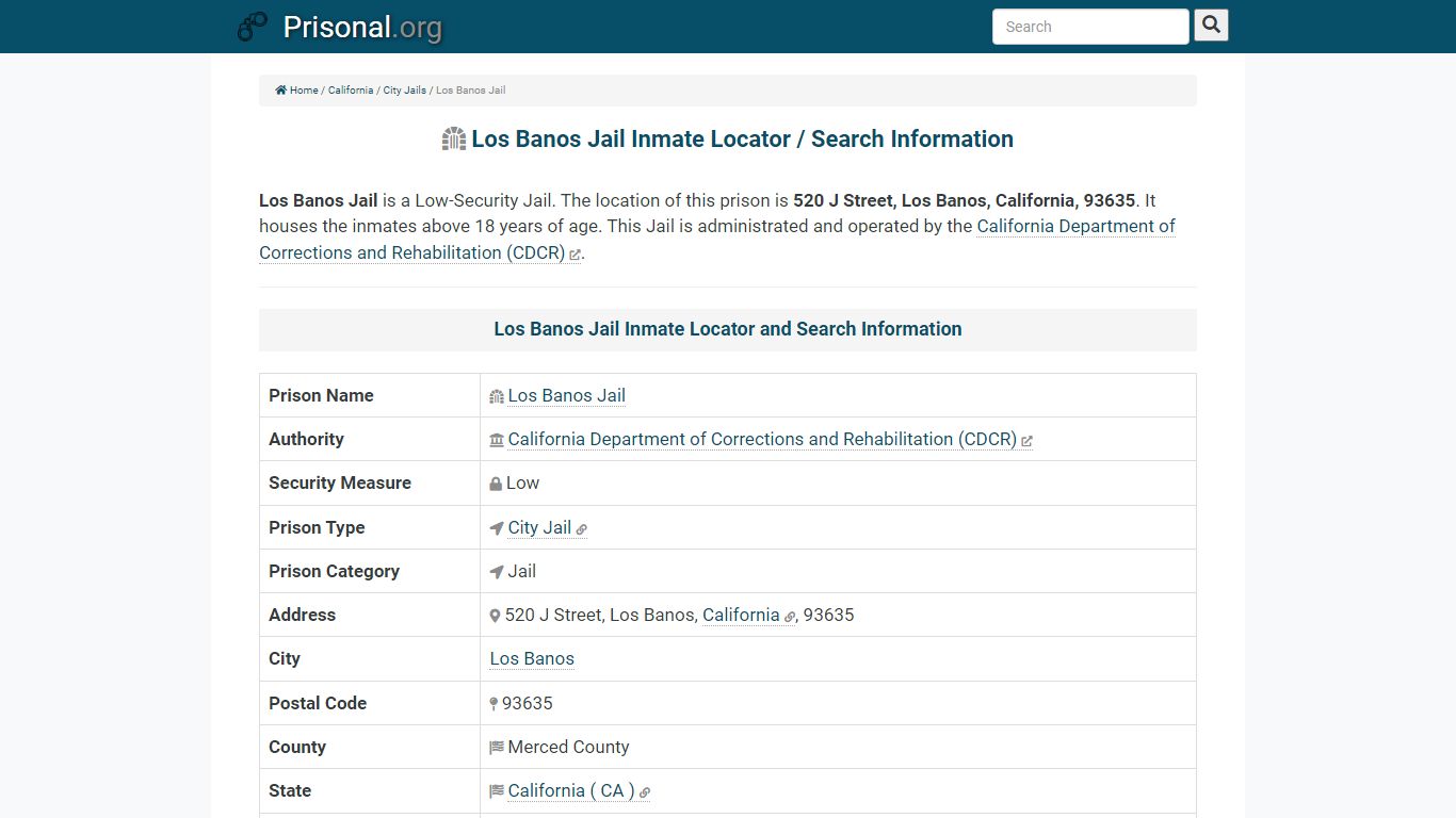 Los Banos Jail Inmate Locator / Search Information